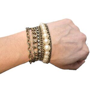 6-Strand Statement Bracelet – Brass Chains, Faux Pearls&Crystals 7" Y2K Revival